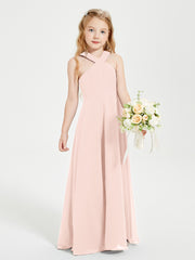 Junior Bridesmaid Dresses Grecian Neckline Floor Length Pearl Pink