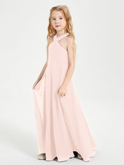 Junior Bridesmaid Dresses Grecian Neckline Floor Length Pearl Pink