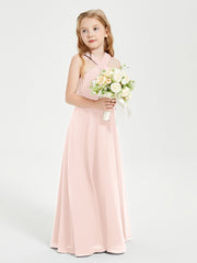 Junior Bridesmaid Dresses Grecian Neckline Floor Length Pearl Pink