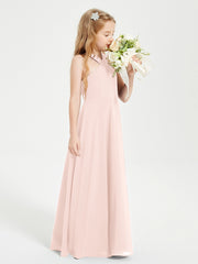 Junior Bridesmaid Dresses Grecian Neckline Floor Length Pearl Pink