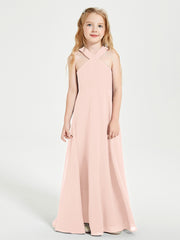 Junior Bridesmaid Dresses Grecian Neckline Floor Length Pearl Pink