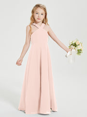 Junior Bridesmaid Dresses Grecian Neckline Floor Length Pearl Pink