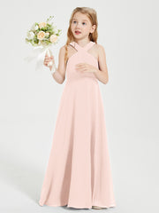 Junior Bridesmaid Dresses Grecian Neckline Floor Length Pearl Pink