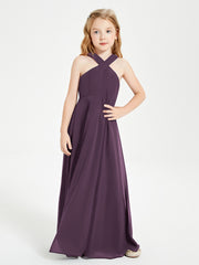 Junior Bridesmaid Dresses Grecian Neckline Floor Length Plum