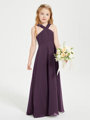 Junior Bridesmaid Dresses Grecian Neckline Floor Length Plum