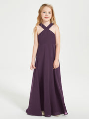 Junior Bridesmaid Dresses Grecian Neckline Floor Length Plum