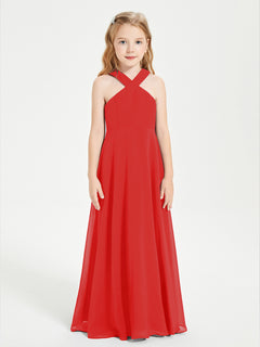 Junior Bridesmaid Dresses Grecian Neckline Floor Length Red