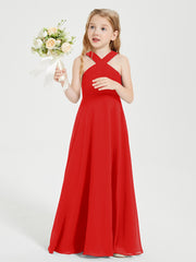 Junior Bridesmaid Dresses Grecian Neckline Floor Length Red