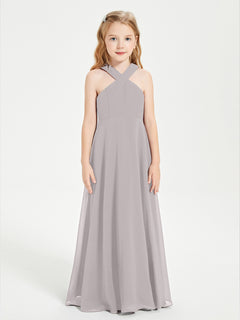 Junior Bridesmaid Dresses Grecian Neckline Floor Length Silver