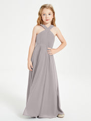 Junior Bridesmaid Dresses Grecian Neckline Floor Length Silver