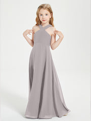 Junior Bridesmaid Dresses Grecian Neckline Floor Length Silver