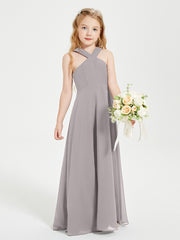 Junior Bridesmaid Dresses Grecian Neckline Floor Length Silver