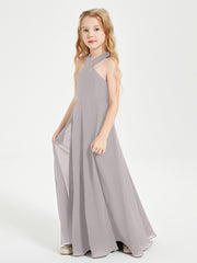 Junior Bridesmaid Dresses Grecian Neckline Floor Length Silver