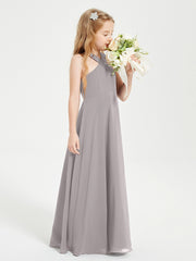 Junior Bridesmaid Dresses Grecian Neckline Floor Length Silver