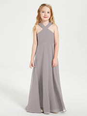 Junior Bridesmaid Dresses Grecian Neckline Floor Length Silver