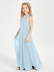 Junior Bridesmaid Dresses Grecian Neckline Floor Length Sky Blue