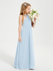 Junior Bridesmaid Dresses Grecian Neckline Floor Length Sky Blue