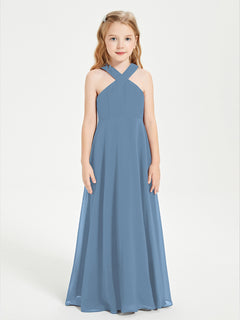 Junior Bridesmaid Dresses Grecian Neckline Floor Length Slate Blue