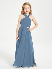 Junior Bridesmaid Dresses Grecian Neckline Floor Length Slate Blue