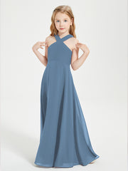 Junior Bridesmaid Dresses Grecian Neckline Floor Length Slate Blue
