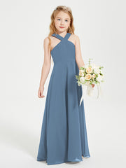 Junior Bridesmaid Dresses Grecian Neckline Floor Length Slate Blue