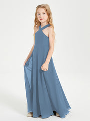 Junior Bridesmaid Dresses Grecian Neckline Floor Length Slate Blue