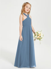 Junior Bridesmaid Dresses Grecian Neckline Floor Length Slate Blue