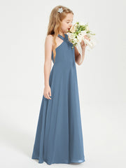 Junior Bridesmaid Dresses Grecian Neckline Floor Length Slate Blue