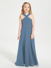 Junior Bridesmaid Dresses Grecian Neckline Floor Length Slate Blue