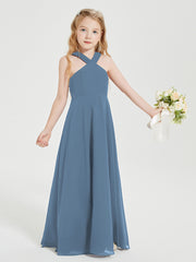 Junior Bridesmaid Dresses Grecian Neckline Floor Length Slate Blue