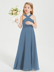 Junior Bridesmaid Dresses Grecian Neckline Floor Length Slate Blue