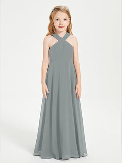 Junior Bridesmaid Dresses Grecian Neckline Floor Length Steel Grey