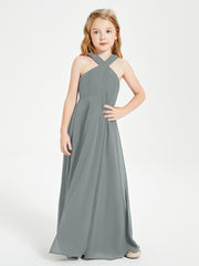 Junior Bridesmaid Dresses Grecian Neckline Floor Length Steel Grey