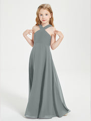 Junior Bridesmaid Dresses Grecian Neckline Floor Length Steel Grey