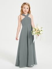 Junior Bridesmaid Dresses Grecian Neckline Floor Length Steel Grey