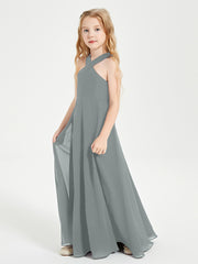 Junior Bridesmaid Dresses Grecian Neckline Floor Length Steel Grey