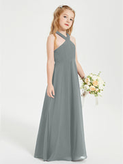Junior Bridesmaid Dresses Grecian Neckline Floor Length Steel Grey