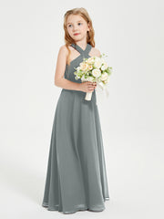Junior Bridesmaid Dresses Grecian Neckline Floor Length Steel Grey
