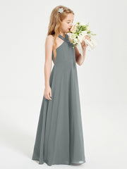 Junior Bridesmaid Dresses Grecian Neckline Floor Length Steel Grey