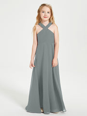 Junior Bridesmaid Dresses Grecian Neckline Floor Length Steel Grey