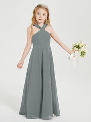 Junior Bridesmaid Dresses Grecian Neckline Floor Length Steel Grey