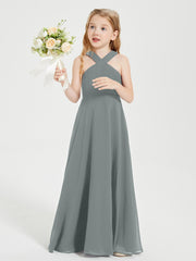 Junior Bridesmaid Dresses Grecian Neckline Floor Length Steel Grey