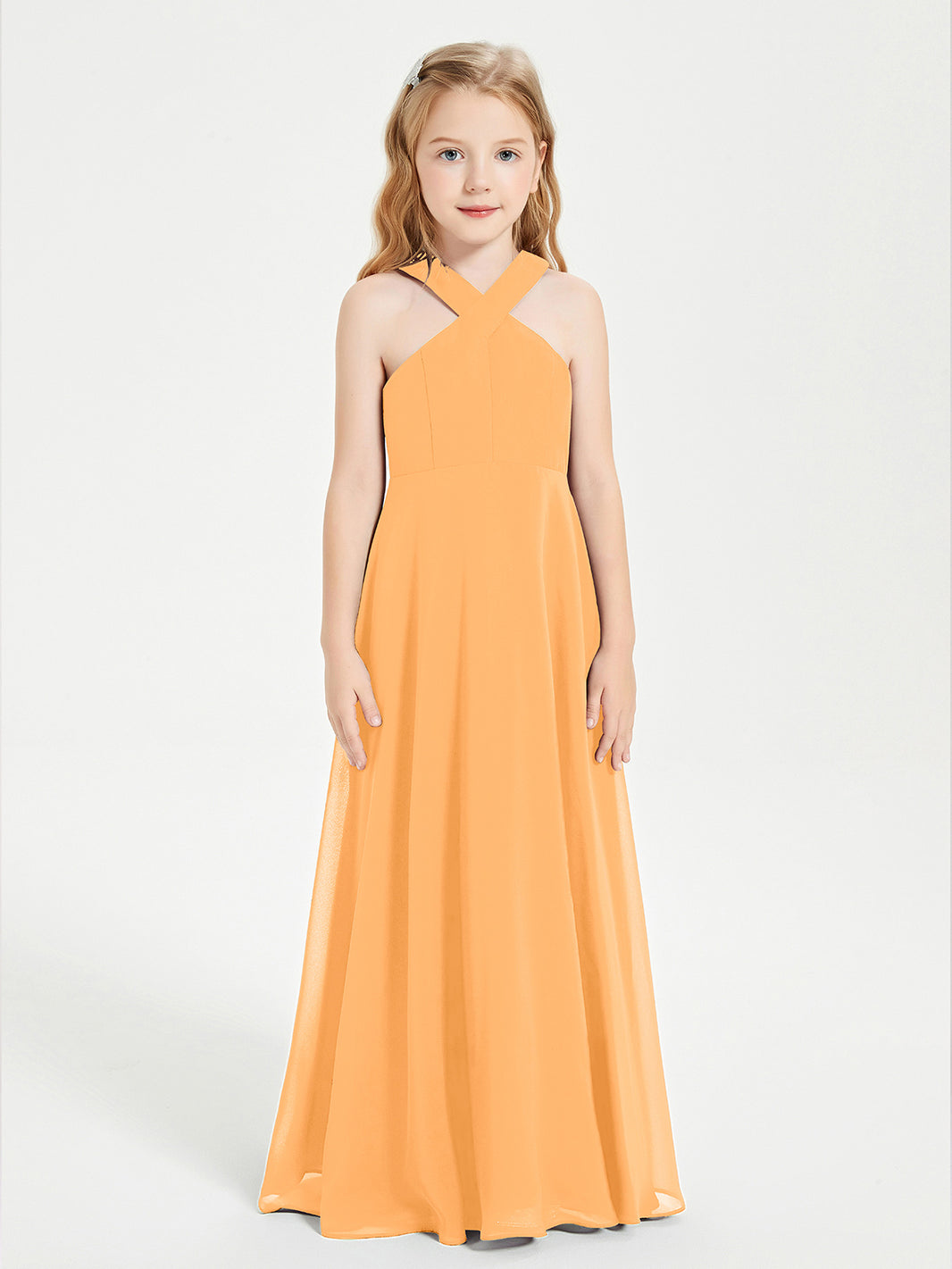 BABARONI Chiffon Tangerine Junior Bridesmaid Dresses A-line Grecian  Sleeveless Pleated Ruched Floor-length