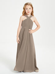 Junior Bridesmaid Dresses Grecian Neckline Floor Length Taupe
