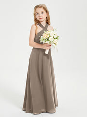 Junior Bridesmaid Dresses Grecian Neckline Floor Length Taupe