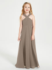 Junior Bridesmaid Dresses Grecian Neckline Floor Length Taupe