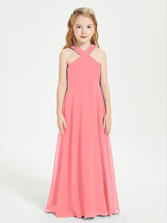 Junior Bridesmaid Dresses Grecian Neckline Floor Length Watermelon