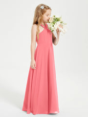 Junior Bridesmaid Dresses Grecian Neckline Floor Length Watermelon
