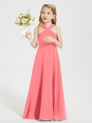 Junior Bridesmaid Dresses Grecian Neckline Floor Length Watermelon