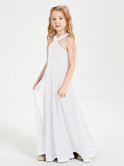 Junior Bridesmaid Dresses Grecian Neckline Floor Length White